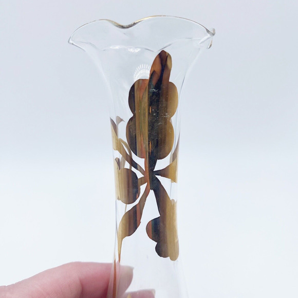 Vintage Hand Blown Glass Fluted Bud Vase Gold Gilt Floral Flower Leaves MCM - Picture 5 of 9